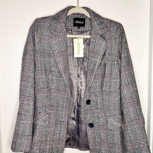 NWT Ebossy Plaid Blazer Gray Red Checkered Longline Jacket Size Small